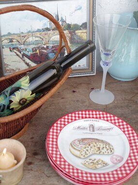 Country Beautiful French Checkered Red And White Plates With Cheese On them